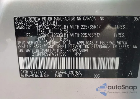 2015 Toyota Rav4 Xle from USA, damaged, VIN 2T3RFREV4FW341596